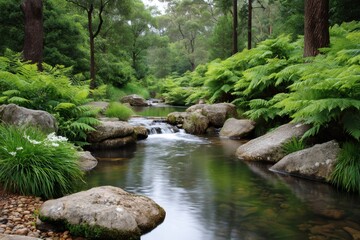 Obraz premium Pure stream flowing through lush ferns and rocks in peaceful forest