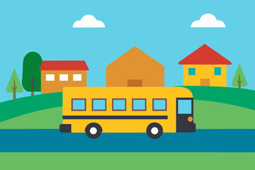 A School Bus Driving Through A Sunny Neighborhood Represented With Basic Shapes