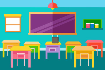 A Bright And Cheerful Classroom With Colorful Desks For A Fun School Themed Scene