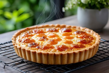 Steaming apricot tart cooling on a wire rack