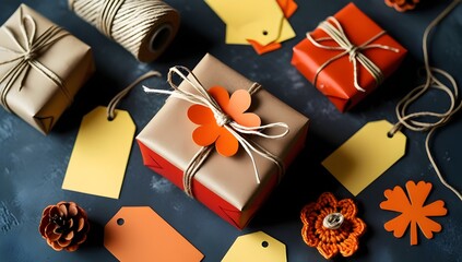 Rustic Gift Wrapping Flat Lay: Kraft Paper Package with Orange Accents
