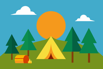 A Sunny Campsite Scene With Tents And A Simple Campfire For An Outdoor Adventure