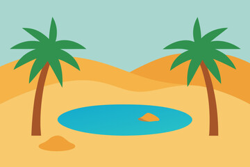 A Desert Oasis Scene With Tall Palm Trees And A Small Watering Hole For A Calm Vibe