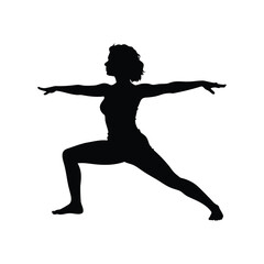 Silhouette of woman in warrior two yoga pose against white backdrop