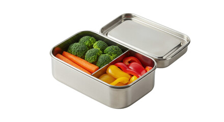 Metal bento lunch box with carrots, broccoli, and bell peppers isolated PNG with Transparent Background