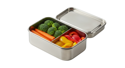 Metal bento lunch box with carrots, broccoli, and bell peppers isolated PNG with Transparent Background