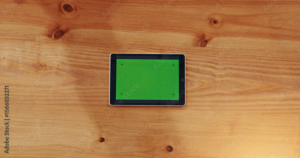 Poster above, tablet and green screen on table with connection, internet and website display. technology, m