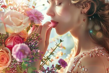 Detailed Color Image of Stylish Fashion Designer Smelling Bouquet