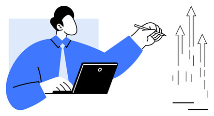 Businessman working on laptop while drawing upward arrows, representing growth. Ideal for productivity, business strategy, career progress, goal achievement, innovation, analytics and success. A