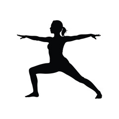 Silhouette of a woman in warrior two yoga pose against white background