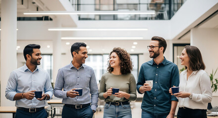 Coworkers chatting casually in modern office