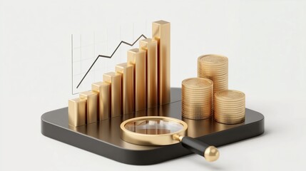 3D Financial Growth Concept: Gold Coins, Stock Chart and Money Bag Symbolizing Wealth for Investment Analysis and Economic Design