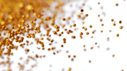 Golden dust particles scattered on white background