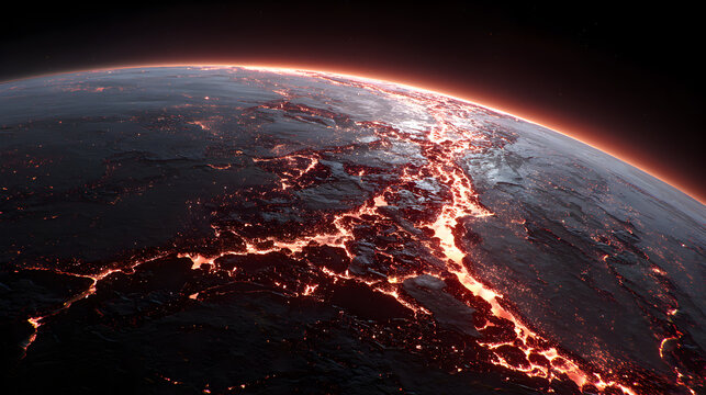 Aerial view of a planet with glowing fissures and a dark atmosphere from outer space perspective