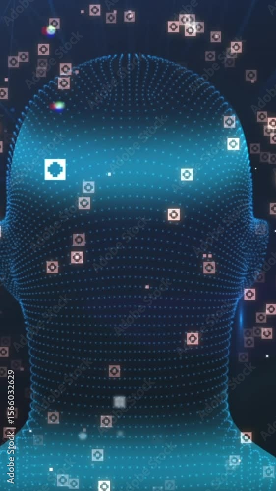 Poster animation of illuminating human face with connected icons and dots over abstract background