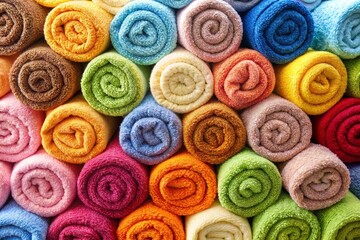 Fototapeta premium A bunch of colorful towels are stacked on top of each other