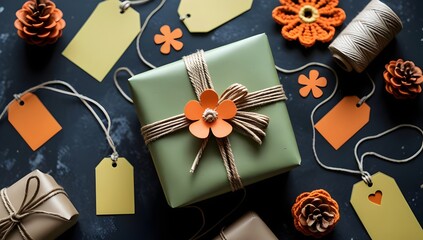 Rustic Gift Wrapping Flat Lay: Kraft Paper Package with Orange Accents
