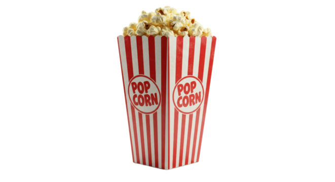 Popcorn in striped container with "Pop Corn" text isolated PNG with Transparent Background