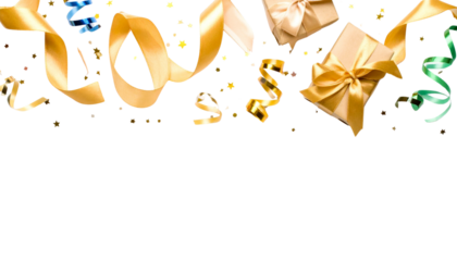 Colorful gold and silver ribbons and confetti background on white background.
