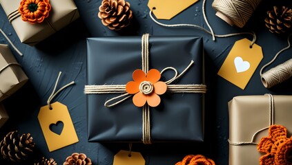 Rustic Gift Wrapping Flat Lay: Kraft Paper Package with Orange Accents
