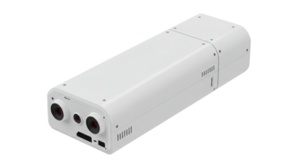 White dual lens security camera on white background