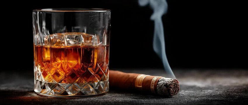 A burning cigar and a glass of whiskey are on the table. Cognac, whisky, brandy, and other alcoholic drinks 