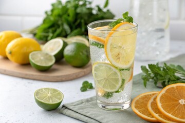 Fototapeta premium A glass of water with ice cubes and slices of oranges and limes