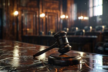 Gavel on Courtroom Table with Judge Presiding and Attorney Addressing Magistrate