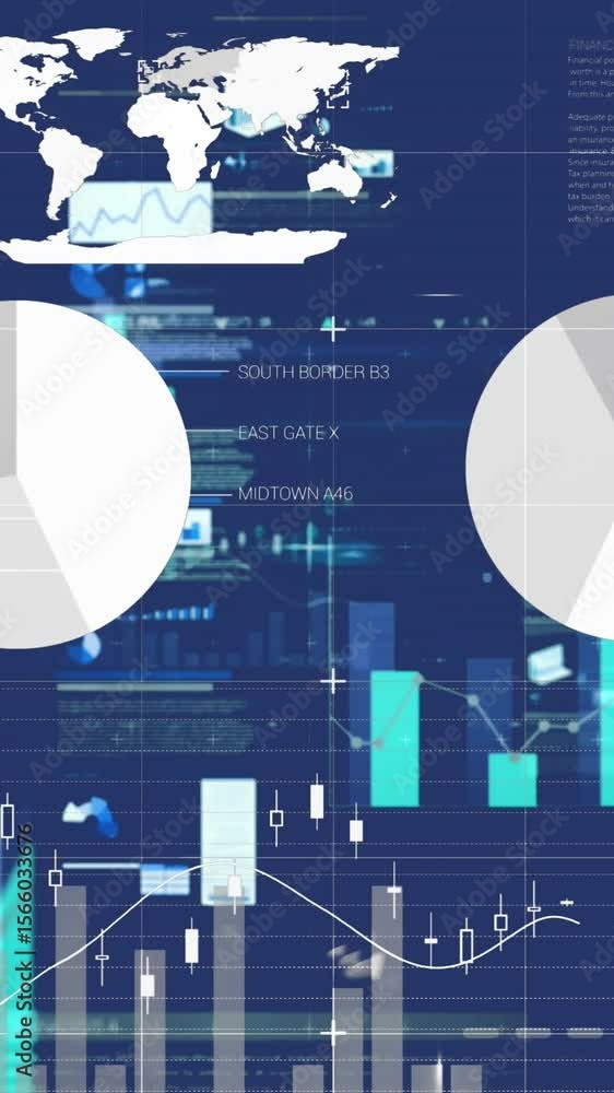 Poster animation of screens with statistical data processing against blue background