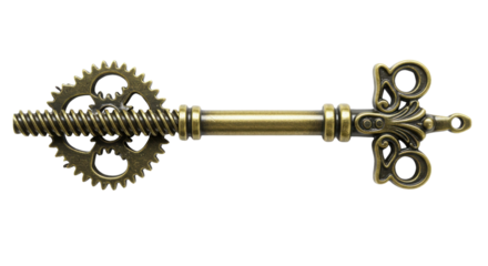 Vintage steampunk brass key with gear mechanism isolated on white background