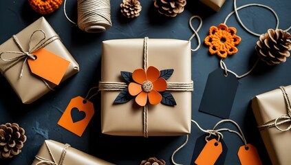 Rustic Gift Wrapping Flat Lay: Kraft Paper Package with Orange Accents

