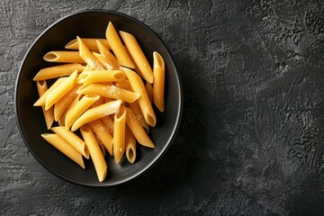 Premium Quality Visual of Penne Pasta with Parmesan Cheese in a Bowl on a Dark Background
