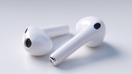 Pair of white earbuds on white background