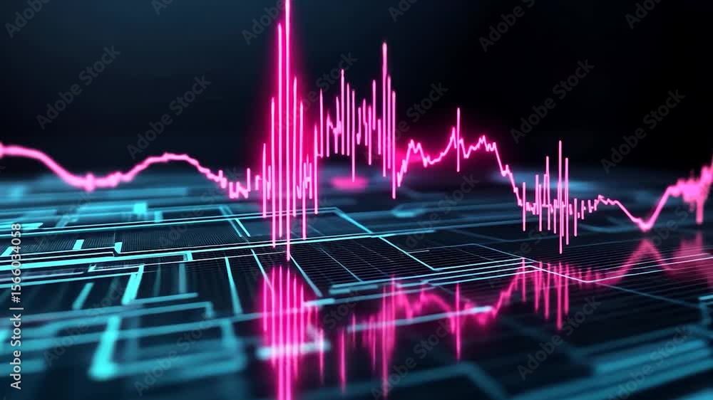 Poster abstract close-up showcases a bright pink heartbeat pulse tracing on a dark circuit board surface. r