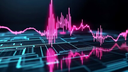 Abstract close-up showcases a bright pink heartbeat pulse tracing on a dark circuit board surface. Reflections enhance the neon glow, creating a tech-focused digital art piece - Powered by Adobe