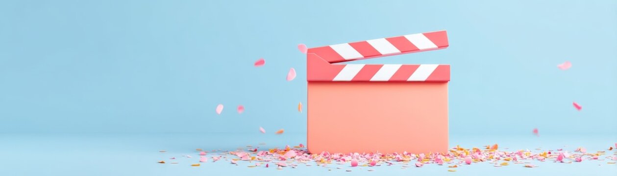 A coral-colored film clapperboard with red and white stripes on top sits on a blue surface, surrounded by scattered pink and white confetti.