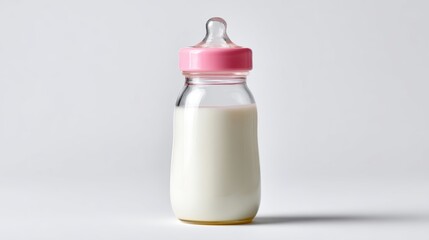 Baby bottle filled with milk on white background