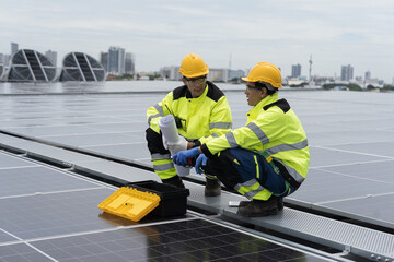 Solar panel, Solar grid tie system on rooftop of building, Solar power system. Team of engineer or...