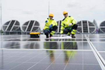 Solar panel, Solar grid tie system on rooftop of building, Solar power system. Team of engineer or...