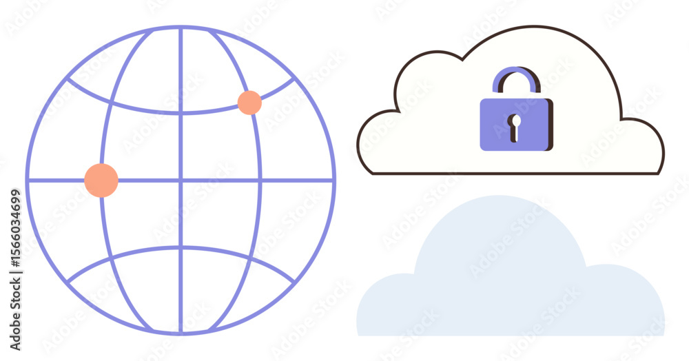 Poster globe with connection points and secured cloud with padlock. ideal for global data, cloud storage, c