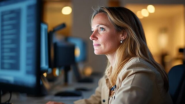 A fair skinned woman working at a computer in a modern office. She is wearing a tan jacket. Two monitors are lit, displaying charts and graphs. Office lights in the background give a warm glow to the