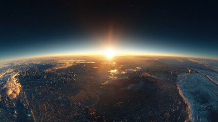 Sunrise over a city-filled planet.  Vast, panoramic view from space.  Urban areas blend with clouds and icy terrain.  Bright sun rising in the center