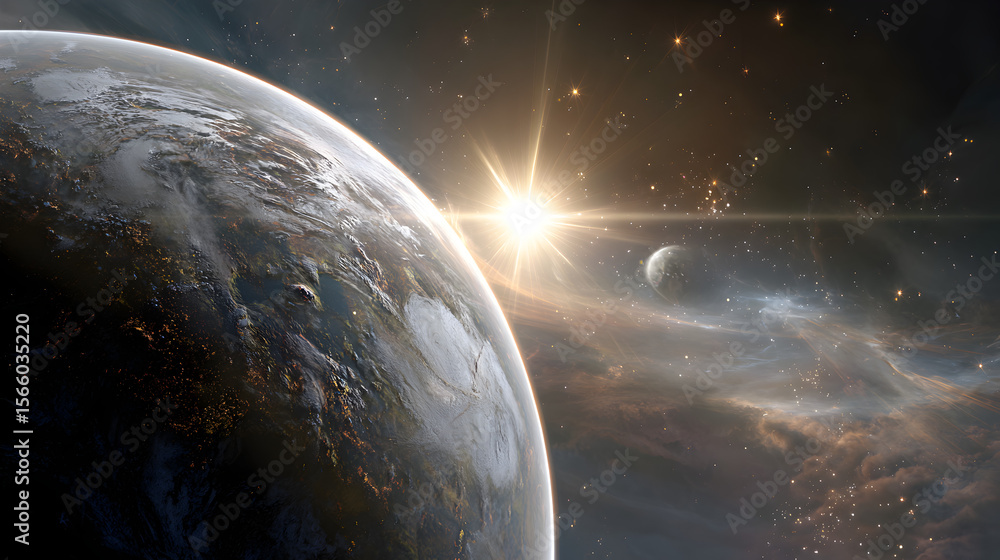 Wall mural a view of a planet and moon in outer space with a bright star illuminating the cosmic scene