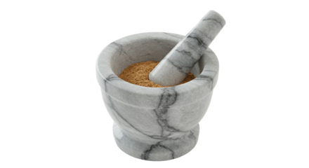 Marble mortar and pestle with ground spice isolated on white background