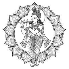 Line art of Lord Krishna playing the flute inside a detailed lotus mandala circle, traditional Indian spiritual illustration, black and white vector style.