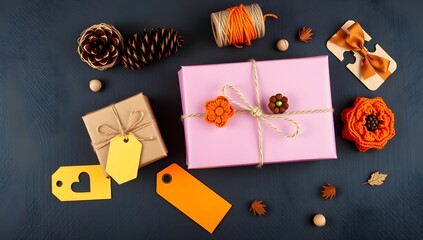 Rustic Gift Wrapping Flat Lay: Kraft Paper Package with Orange Accents
