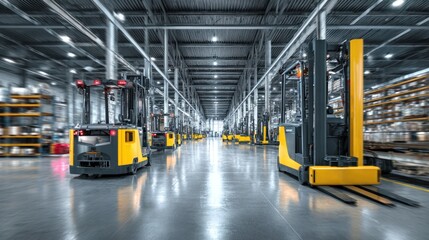 Fototapeta premium Modern Automated Warehouse with Multiple Yellow Forklifts in Motion