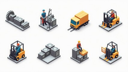 Obraz premium isometric view of a factory with columns, isometric view of a building, isometric view of a factory icon, set of vector icons of travel, set of vector buildings, set of vector icons, 