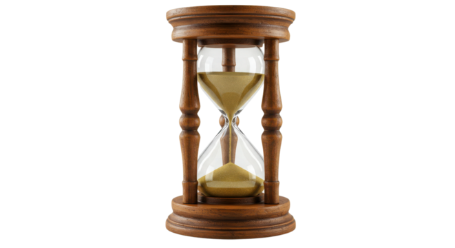 Classic Hourglass Sand Timer with Wooden Frame and Golden Sand isolated on Transparent Background