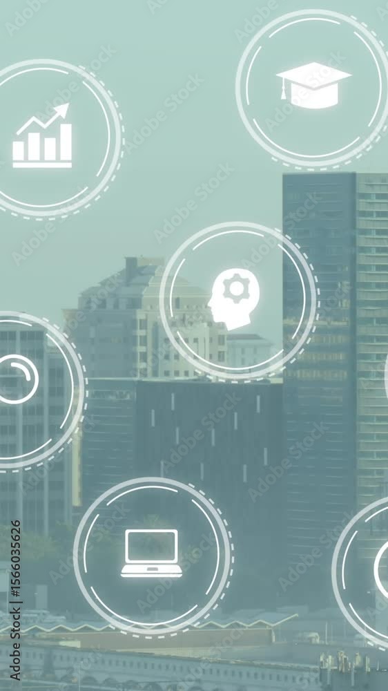 Poster animation of multiple digital icons floating against aerial view of cityscape